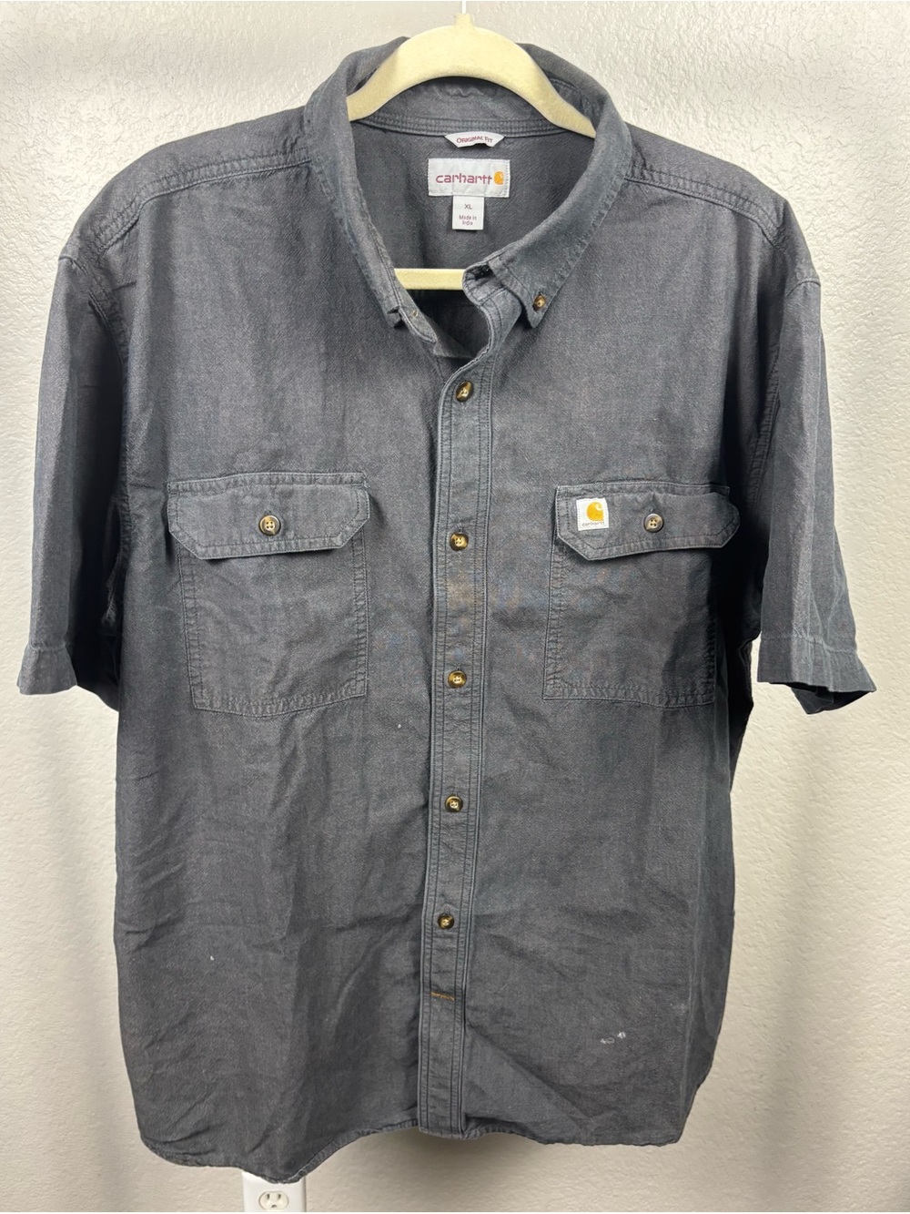 Carhartt Men's Grey Work Shirt - Short Sleeve Button-Up
